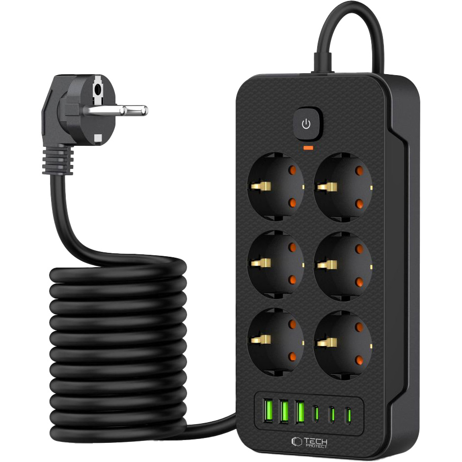 Tech-Protect PC 6x6 Power Strip 3 USB 3USB-C 6 Socket 2m czarny